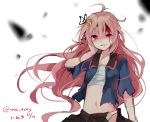  1girl artist_name blood crescent_hair_ornament dated hair_ornament kantai_collection long_hair red_eyes redhead smile solo tanuma_(tyny) torn_clothes twitter_username uzuki_(kantai_collection) very_long_hair wavy_hair 