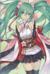  1girl 2d detached_sleeves flower green_eyes green_hair hair_flower hair_ornament hatsune_miku japanese_clothes miko obi sash solo string_around_finger string_in_mouth traditional_clothes twintails vocaloid 