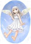  1girl angel_wings barefoot blue_eyes blush dress feathers feet grey_hair heterochromia index_finger_raised long_hair looking_at_viewer open_hand orange_eyes original petticoat smile soles solo wavy_hair white_dress wings yuyuzuki_(yume_usagi) 