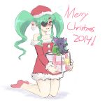  1girl bare_shoulders blush box detached_sleeves dress eyepatch fang flat_chest gift gift_box green_hair hat highres long_hair payot pheles_izayoi pink_eyes pointy_ears red_dress red_legwear red_seiryu santa_costume santa_hat socks solo strapless_dress stuffed_toy the_guided_fate_cross_thesis twintails 