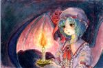  1girl bat_wings blue_hair bow brooch candle candlelight frilled_shirt_collar frills hat hat_ribbon highres jewelry mob_cap piyo_(piyoko528) red_bow red_eyes remilia_scarlet ribbon short_hair solo touhou traditional_media watercolor_(medium) wings 