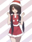  1girl blush christmas cowboy_shot date_a_live fur_trim hair_over_one_eye highres long_hair looking_at_viewer low_twintails maredoro parted_lips red_eyes santa_costume solo tokisaki_kurumi twintails very_long_hair 