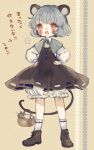  1girl animal animal_ears basket bloomers blush boots capelet dress full_body grey_hair jewelry long_sleeves mouse mouse_ears mouse_tail nazrin necklace open_mouth red_eyes short_hair simple_background socks solo tail text touhou translation_request underwear white_legwear yujup 