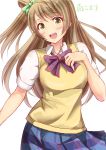  1girl :d blush breasts brown_hair character_name feesu_(rinc7600) hand_on_own_chest highres looking_at_viewer love_live!_school_idol_project minami_kotori open_mouth school_uniform simple_background skirt smile solo sweater_vest white_background yellow_eyes 