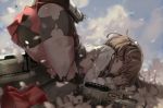  1girl ass blurry brown_eyes brown_hair depth_of_field headband kantai_collection looking_at_viewer machinery petals shino_(eefy) short_hair solo taihou_(kantai_collection) top-down_bottom-up torn_clothes 