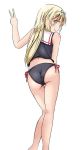  1girl ass bangs bare_shoulders bikini black_swimsuit blonde_hair blunt_bangs from_behind green_eyes hair_ribbon kantai_collection long_hair looking_at_viewer looking_back ribbon sailor_collar shino_(ponjiyuusu) side-tie_bikini simple_background smile solo swimsuit v white_background yuudachi_(kantai_collection) 