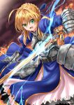  1girl ahoge armor armored_dress blonde_hair dress excalibur fate/stay_night fate_(series) gauntlets green_eyes juliet_sleeves long_sleeves marukome01 puffy_sleeves saber solo sword weapon 