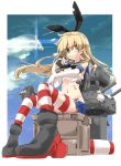 &gt;_&lt; 1girl :3 bandaid blonde_hair clouds drinking elbow_gloves gloves green_eyes hekicha highres kantai_collection long_hair looking_at_viewer navel rensouhou-chan shimakaze_(kantai_collection) sitting sky striped striped_legwear thigh-highs torn_clothes torn_thighhighs white_gloves 