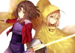  2girls blonde_hair brown_eyes brown_hair excalibur fate/stay_night fate_(series) gauntlets glowing glowing_sword glowing_weapon green_eyes jacket japanese_clothes kara_no_kyoukai kimono knife multiple_girls raincoat red_jacket ryougi_shiki saber shinooji short_hair sword type-moon weapon 