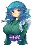  1girl animal_ears blue_eyes blue_hair breasts dated head_fins iroyopon japanese_clothes kimono large_breasts mermaid monster_girl obi sash short_hair simple_background solo touhou wakasagihime white_background 