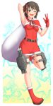  0625a 1girl :d alternate_costume arm_up armpits brown_eyes brown_hair capelet dress fur_trim gloves hair_ribbon hat highres kantai_collection looking_at_viewer machinery miyuki_(kantai_collection) one_eye_closed one_leg_raised open_mouth red_boots red_dress red_gloves ribbon sack santa_boots santa_costume santa_hat short_hair smile solo star starry_background thigh_strap w 