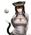  1girl animal_ears arm_grab arms_behind_back black_hair blush breasts brown_eyes cat_ears cat_tail cleavage cleavage_cutout contrapposto jewelry large_breasts long_hair necklace open-chest_sweater original ribbed_sweater solo sweater taikyokuturugi tail turtleneck white_background 