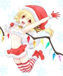  1girl :d armpits blonde_hair christmas fang flandre_scarlet gloves hat highres komiru long_hair looking_at_viewer navel open_mouth red_boots red_eyes red_gloves red_skirt santa_boots santa_hat side_ponytail simple_background skirt smile solo striped striped_legwear touhou white_background wings 