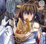  1girl admiral_(kantai_collection) brown_hair detached_sleeves food gloves japanese_clothes kantai_collection kongou_(kantai_collection) long_hair monikano nontraditional_miko red_eyes solo_focus 