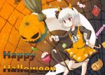  1girl alternate_costume animal_ears broom candy candy_cane cat_ears chocolate fake_animal_ears hair_ribbon hairband halloween_costume hand_on_hip happy_halloween hitodama jack-o&#039;-lantern konpaku_youmu konpaku_youmu_(ghost) red_eyes ribbon short_hair silver_hair skirt solo tako_(plastic_protein) touhou 