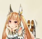  1girl ass blonde_hair blush brown_eyes character_request hands_on_own_face headgear long_hair looking_at_viewer lying monster_hunter monster_hunter_frontier on_stomach smile solo twintails zi-dabu 