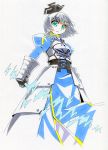  &gt;:&lt; 1girl alternate_costume aqua_eyes armor armored_dress cosplay fate/stay_night fate_(series) gauntlets hair_ribbon highres invisible_air kawachi_koorogi konpaku_youmu long_hair looking_at_viewer marker_(medium) ribbon saber saber_(cosplay) short_hair silver_hair solo touhou traditional_media 