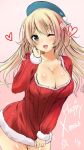  1girl ;d aqua_eyes atago_(kantai_collection) blonde_hair blush breasts christmas cleavage cowboy_shot fur_trim hand_on_own_face hat heart jpeg_artifacts kantai_collection large_breasts long_hair looking_at_viewer nironiro one_eye_closed open_mouth pink_background ribbed_sweater santa_costume smile solo sweater 