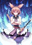  1girl akashio_(loli_ace) antenna_hair brown_hair crossed_arms looking_at_viewer smile solo sword touhou toyosatomimi_no_miko violet_eyes weapon 