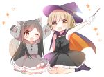  2girls :d ;d ami_(orenchi_no_maidosan) animal_ears arms_up black_dress black_hair brown_eyes brown_hair cape dress gloves grey_dress halloween hat holding kimijima_sara looking_at_viewer multiple_girls one_eye_closed open_mouth orenchi_no_meidosan original ouhara_lolong red_eyes seiza simple_background sitting smile tail wand white_background white_gloves witch_hat wolf_ears wolf_paws wolf_tail 