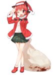  1girl alternate_costume animal_ears bag blood blush boots bow braid cardigan cat_ears christmas fang full_body hair_bow hair_ornament hat kaenbyou_rin long_hair long_sleeves one_eye_closed open_mouth puffy_sleeves red_eyes redhead santa_boots santa_costume santa_hat shinoba shirt simple_background skirt smile solo touhou twin_braids white_background 