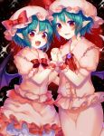  2girls ascot bat_wings blue_hair bow dual_persona highres hijiri-ssh holding_hands looking_at_viewer mob_cap multiple_girls pointy_ears red_eyes remilia_scarlet ribbon short_hair touhou wings 