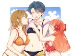  3girls apfl0515 artist_name bikini blue_hair blush bow breasts brown_hair cleavage collarbone gekkan_shoujo_nozaki-kun kashima_yuu large_breasts long_hair mound_of_venus multiple_girls navel orange_hair polka_dot polka_dot_bow polka_dot_swimsuit ponytail sakura_chiyo seo_yuzuki short_hair small_breasts sweatdrop swimsuit undressing 