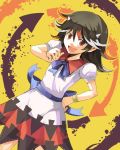  1girl bangle black_hair bow bracelet directional_arrow dress fang hand_on_hip horns jewelry kijin_seija multicolored_hair open_mouth pointing pointing_at_self red_eyes redhead short_hair smile solo streaked_hair tako_(plastic_protein) touhou white_hair 