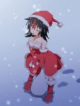  1girl ;p black_hair cato_(monocatienus) elbow_gloves gloves hat horns kijin_seija looking_at_viewer multicolored_hair one_eye_closed orange_eyes red_gloves santa_costume santa_hat short_hair smile snowing solo tongue tongue_out touhou two-tone_hair 