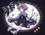  1girl animal_ears barefoot bow capelet cup dress fork grey_hair hair_ornament jewelry knife long_sleeves mouse_ears mouse_tail nazrin necklace red_eyes ribbon sanso short_hair sitting socks solo spoon tail tail_ribbon touhou white_legwear 