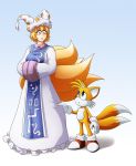  1boy 1girl animal_ears blonde_hair blue_background blue_eyes breasts crossover fox_ears fox_tail full_body gloves gradient gradient_background hat hyoumaru looking_at_another looking_down looking_up miles_prower parted_lips shoes short_hair size_difference skirt_hold sonic_the_hedgehog standing tabard tail touhou trait_connection white_background yakumo_ran yellow_eyes 