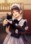  1girl :d animal blue_eyes breasts cat highres holding holding_animal holding_cat long_sleeves looking_at_viewer maid maid_headdress nashigaya_koyomi open_mouth original pet pleated_skirt purple_hair short_hair skirt smile solo teeth white_skirt wing_collar 