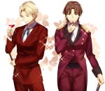  2boys aldnoah.zero blonde_hair blue_eyes brown_hair cosplay costume_switch cruhteo cruhteo_(cosplay) cup epaulettes facial_hair fate/zero fate_(series) formal goatee hayami_shou look-alike multiple_boys seiyuu_connection shinooji sparkle staff suit toosaka_tokiomi toosaka_tokiomi_(cosplay) trait_connection wine_glass 