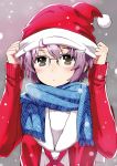  1girl blush brown_eyes glasses hat highres nagato_yuki purple_hair puyo santa_hat scarf school_uniform short_hair solo suzumiya_haruhi_no_yuuutsu 