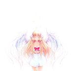  1girl bare_shoulders blonde_hair chii chobits closed_eyes cowboy_shot dress feathered_wings hair_tubes long_hair red_bow robot_ears short_dress solo strapless_dress white_background wings yoruel 