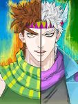  2boys blue_jacket brown_hair caesar_anthonio_zeppeli drawr dual_persona green_eyes jacket jojo_no_kimyou_na_bouken joseph_joestar_(young) mitarashi_(mimi88884) multiple_boys scarf white_hair 