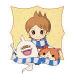  &gt;_&lt; 1boy amano_keita ayu_(mog) brown_eyes brown_hair bust cat ghost jibanyan looking_at_viewer open_mouth short_hair simple_background smile star whisper_(youkai_watch) white_background youkai_watch 