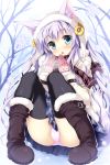  1girl :o animal_ears belt_boots black_legwear blue_eyes blush boots breath brown_boots coat fur_boots fur_trim gloves hat long_hair looking_at_viewer original panties pigeon-toed pink_panties purple_hair scarf sitting skirt snow_boots snowflakes snowing solo tail tateha_(artist) thigh-highs underwear winter_clothes winter_coat 
