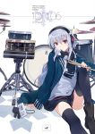  1girl black_legwear cover cover_page cymbals doujin_cover drum drum_set drumsticks headphones instrument knee_up long_hair looking_at_viewer miz original scarf silver_hair sitting skirt smile solo thigh-highs violet_eyes 