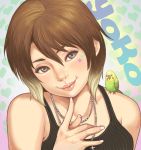  1girl animal_on_shoulder bird bird_on_shoulder brown_hair bust character_name face green_eyes heart jewelry lips looking_at_viewer maou_alba multicolored_hair necklace parakeet smile solo two-tone_hair 