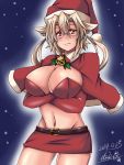  bell bell_collar breast_hold breasts brown_hair collar crossed_arms dark_skin eris_120 glasses kantai_collection looking_at_viewer musashi_(kantai_collection) navel pink_eyes santa_costume smile snow solo 
