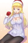  1girl atago_(kantai_collection) black_legwear blonde_hair blue_eyes breasts cleavage cleavage_cutout gloves hat highres kantai_collection long_hair looking_at_viewer open-chest_sweater pantyhose red_gloves ribbed_sweater santa_hat smile solo sunege_(hp0715) sweater turtleneck turtleneck_sweater 