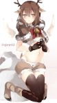  1girl alternate_costume animal_ears antlers bell black_gloves black_legwear blush brown_eyes brown_hair cape fur_trim gloves hands_together hood kantai_collection kneeling midriff navel sandals shijima_(sjmr02) short_hair shorts simple_background solo taihou_(kantai_collection) thigh-highs twitter_username white_background wings 