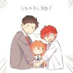  &gt;:| 1girl 2boys apfl0515 blush bow boy_sandwich d:&lt; dot_pupils emphasis_lines flying_sweatdrops gekkan_shoujo_nozaki-kun hair_bow looking_at_viewer mikoshiba_mikoto multiple_boys nozaki_umetarou polka_dot polka_dot_bow red_bow sakura_chiyo sandwiched school_uniform simple_background sweatdrop translated white_background 