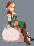  1girl anal_beads blonde_hair blue_eyes blush boots breasts capelet christmas cleavage crossed_legs dumbbell final_fantasy final_fantasy_tactics fur_trim greaves hat knee_boots monk_(fft) sack santa_hat short_hair sitting smile solo tsukudani_(coke-buta) vambraces 