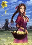  1girl aerith_gainsborough basket bracelet braid breasts brown_hair choker cleavage dress field final_fantasy final_fantasy_vii flower flower_field green_eyes hair_ribbon highres jacket jewelry lips long_dress long_hair making_of petals pink_dress planted_sword planted_weapon red_jacket ribbon ryu_shou single_braid single_sleeve solo_focus sword weapon wind zack_fair 