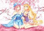  2girls alternate_costume ballet bare_legs barefoot blonde_hair blush bow breasts cherry_blossoms choker cleavage hair_bow hat hat_ribbon holding_hands interlocked_fingers japanese_clothes kimono kneeling large_breasts lips long_hair luoye mob_cap multiple_girls obi off_shoulder patterned_background petals pink_eyes pink_hair ribbon saigyouji_yuyuko sash short_hair star starry_background tagme touhou triangular_headpiece veil very_long_hair violet_eyes yakumo_yukari 