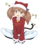  1girl ? bell bell_collar black_skirt blush brown_eyes brown_hair butterfly_sitting cat_tail christmas collar hair_ornament hands_on_feet hat highres japanese_clothes kantai_collection kariginu kemonomimi_mode looking_at_viewer pleated_skirt ryuujou_(kantai_collection) santa_costume santa_hat simple_background sitting skirt solo tail tail_wagging twintails urigarasu white_background white_legwear 