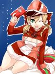  1girl ;d anchor artist_request blonde_hair box breasts christmas cleavage cleavage_cutout fur_trim gift gift_box green_eyes hat highres kantai_collection long_sleeves low_twintails one_eye_closed open_mouth peaked_cap prinz_eugen_(kantai_collection) sack smile tagme twintails 