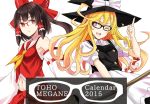  2girls alternate_eye_color apron ascot bespectacled blonde_hair broom brown_eyes brown_hair detached_sleeves fang glasses hair_ornament hair_ribbon hair_tubes hakurei_reimu hat hat_ribbon japanese_clothes kirisame_marisa long_hair long_sleeves looking_at_viewer midriff miko multiple_girls nabeshima_tetsuhiro navel one_eye_closed open_mouth parted_lips ponytail puffy_sleeves ribbon shirt short_hair short_sleeves simple_background skirt skirt_set smile text touhou vest violet_eyes white_background wide_sleeves witch_hat 